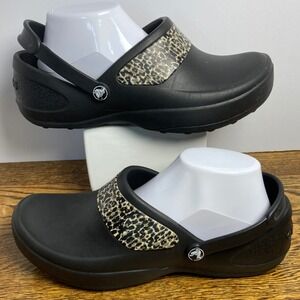 Crocs Mercy Work Clogs Womens 10 Black Leopard Slip Resistant Nursing Shoes